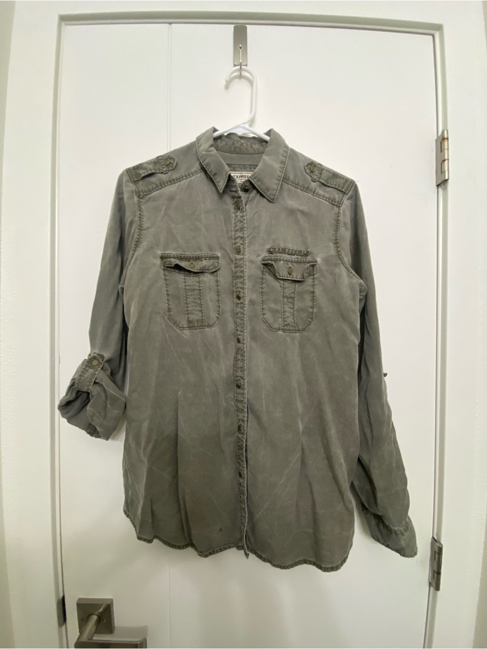 Express Olive-Green Boyfriend Button Down